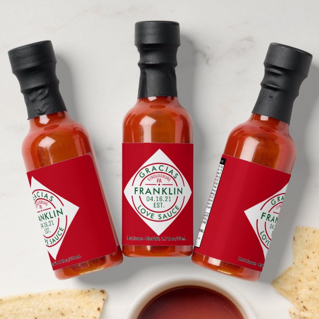 Custom Classic Red and Green Dimond Wedding Hot Sauces (Laydown)