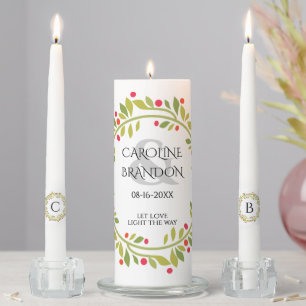 Custom Classic Red Berries Botanical Leaves Wreath Unity Candle Set