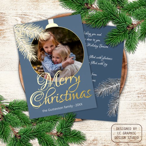 Custom Classic White Pine Tree Needles Gold Foil Holiday Card