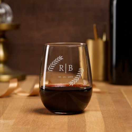 Custom Classy Calligraphy Couple Initials Engraved Stemless Wine Glass