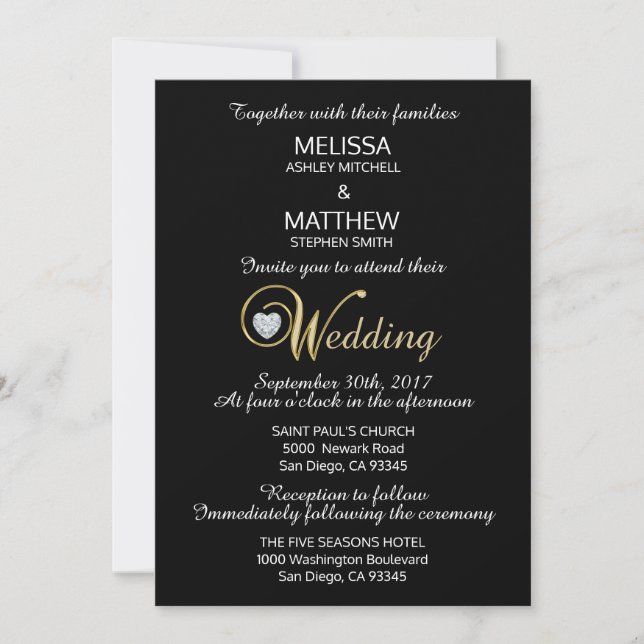 Custom Classy Elegant Black Gold Diamond Wedding Invitation (Front)