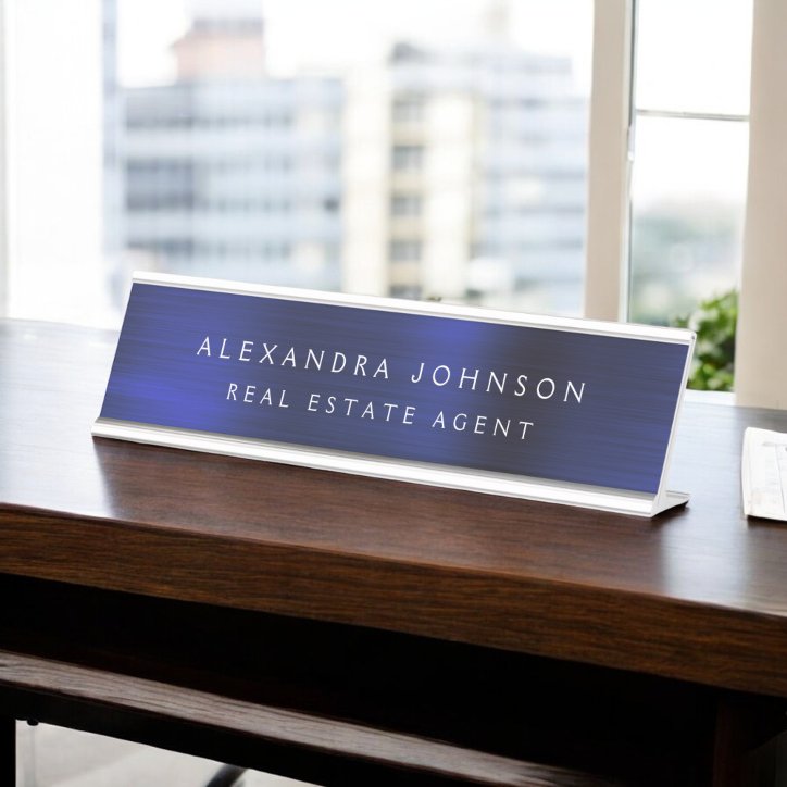 Custom Classy Executive Navy Blue Professional Desk Name Plate