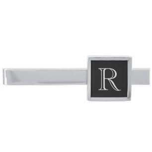 Custom Classy Monogram Black Silver Finish Tie Clip