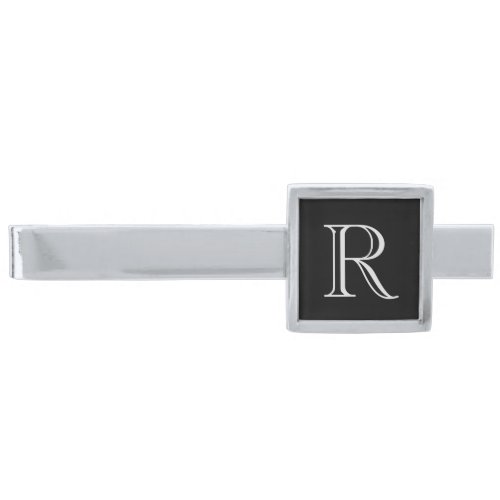 Custom Classy Monogram Black Silver Silver Finish Tie Clip