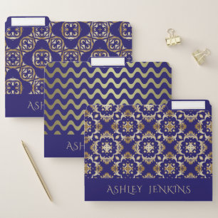 Custom Classy Royal Blue And Gold Damask Geometric File Folder