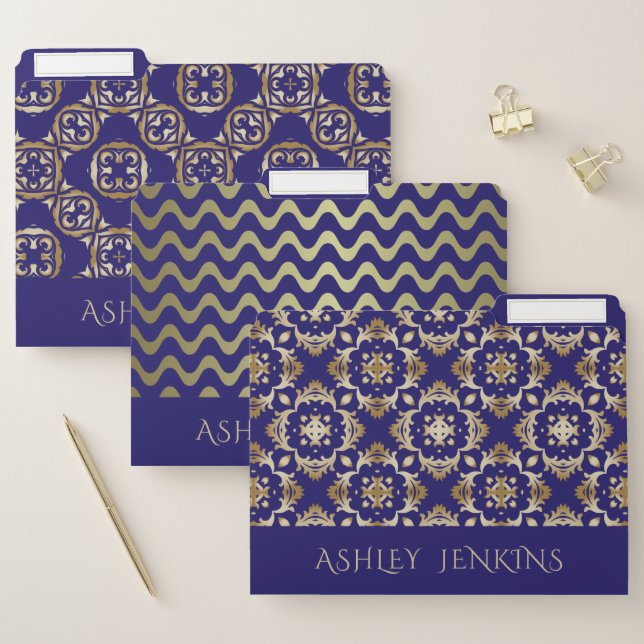 Custom Classy Royal Blue And Gold Damask Geometric File Folder (Set)