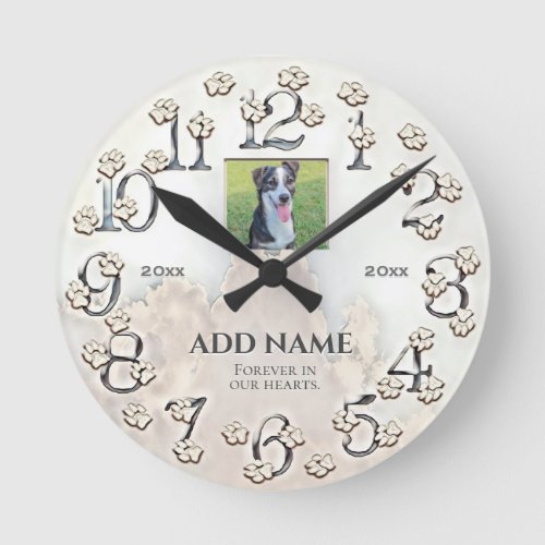 Custom Clouds and Paws Dog Photo Memorial Round Clock