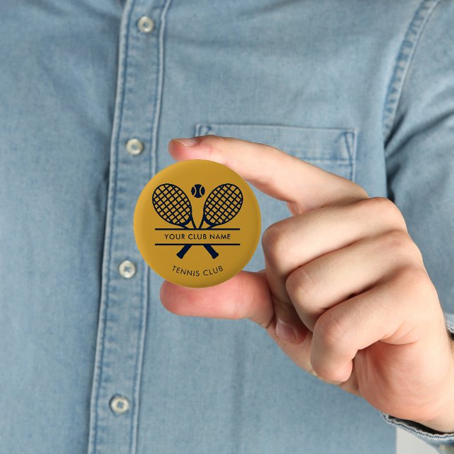 Custom Club Name Lawn Tennis Icons Sports Button (Lawn Tennis Racket Motif Navy Blue and Gold Custom Button)