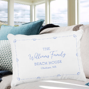 Custom Coastal Beach House Family Name Blue Shell Accent Pillow