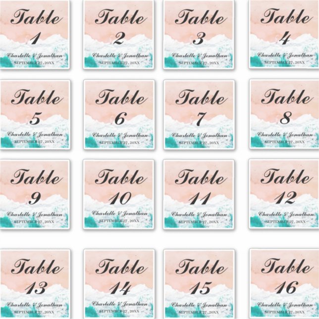 Custom Coastal Beach Wedding Table Numbers Sticker (Front)