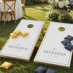 Custom Coastal Blue Stripes Wedding Family Name Cornhole Set