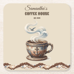Custom Coastal Cafe Branding  Square Paper Coaster
