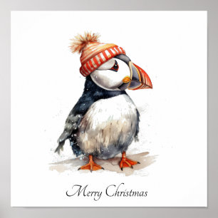 Custom Coastal Christmas Puffin Winter Knit Hat Poster