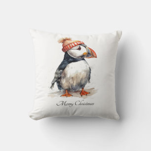 Custom Coastal Christmas Puffin Winter Knit Hat Throw Pillow
