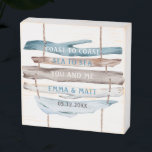 Custom, Coastal Driftwood, Coast to Coast Wooden Box Sign<br><div class="desc">Add your own names and date to this beautiful watercolor driftwood sign,  or change all text sections to any message you like! Sign with exquisite watercolor driftwood 
 pieces connected by rope in attractive turquoise,  blue,  white and brown tones. Coastal nautical rustic feel. Great unique custom gift to treasure!</div>