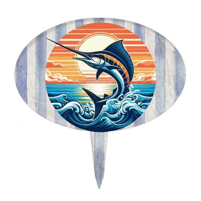 Custom Coastal/nautical/beach marlin sunset Cake Topper (Front)