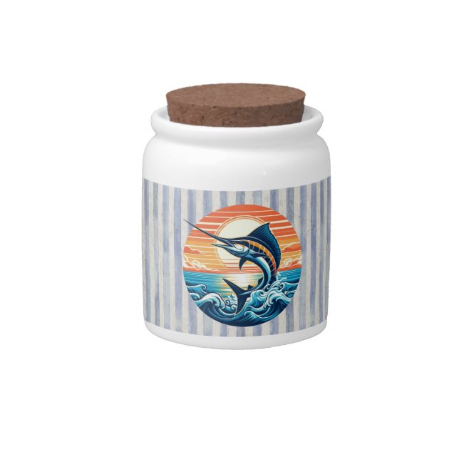 Custom Coastal/nautical/beach marlin sunset Candy Jar (Front)