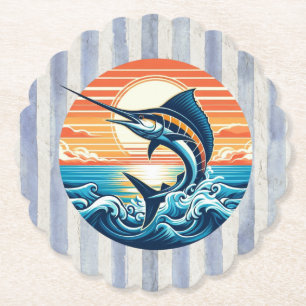 Custom Coastal/nautical/beach marlin sunset Paper Coaster