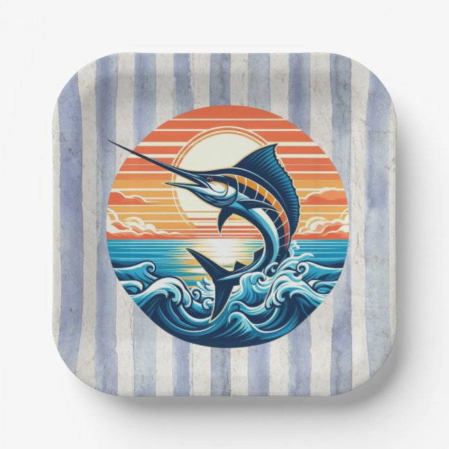 Custom Coastal/nautical/beach marlin sunset Paper Plates (Front)