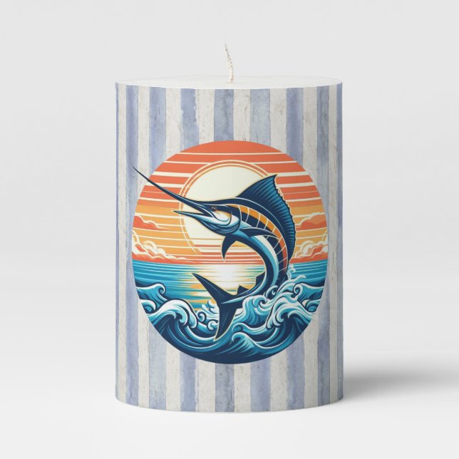 Custom Coastal/nautical/beach marlin sunset Pillar Candle (Front)