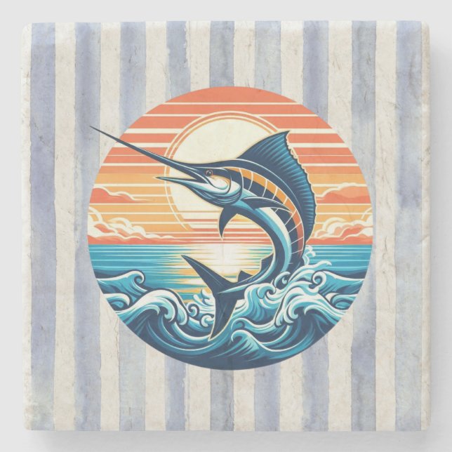 Custom Coastal/nautical/beach marlin sunset Stone Coaster (Front)