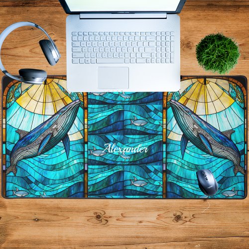 Custom Coastal Tropical Blue Whale Yellow Sunset   Desk Mat