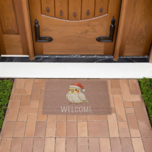 Custom Cockatiel Wearing Santa Hat Fiber Doormat