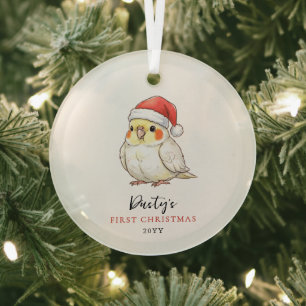 Custom Cockatiel Wearing Santa Hat First Christmas Glass Ornament