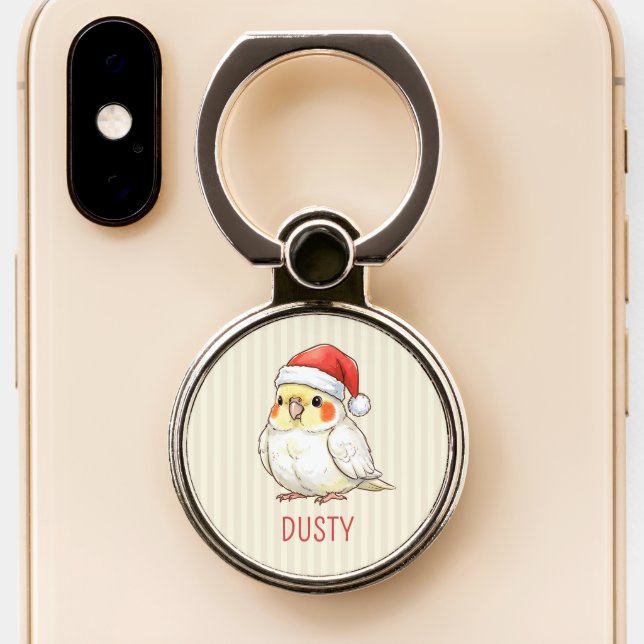 Custom Cockatiel Wearing Santa Hat  Phone Ring Stand (Close Up)