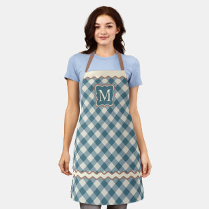 Custom Coffee Brown Teal Blue Ivory Gingham Apron