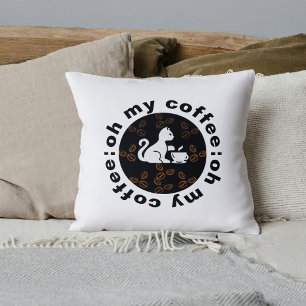 Custom Coffee Cat Funny Pet Lovers Quote On White Throw Pillow