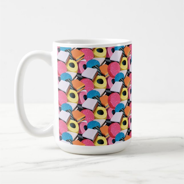 Custom coffee mug Licorice Allsorts. (Left)