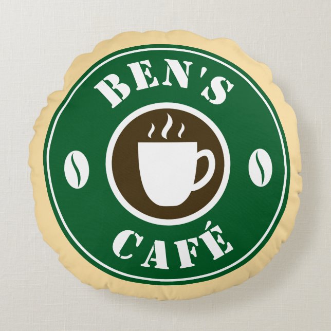 Custom coffee shop business name logo round pillow (Front)