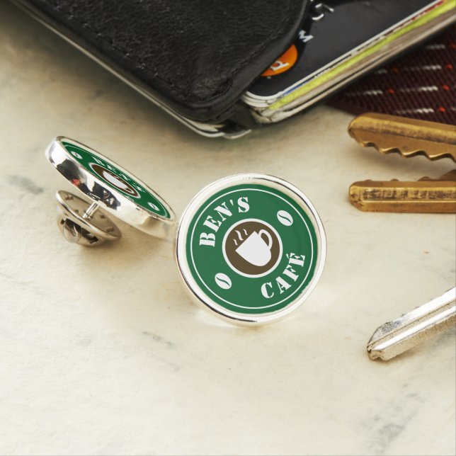 Custom coffee shop logo lapel pin for barista (In Situ)