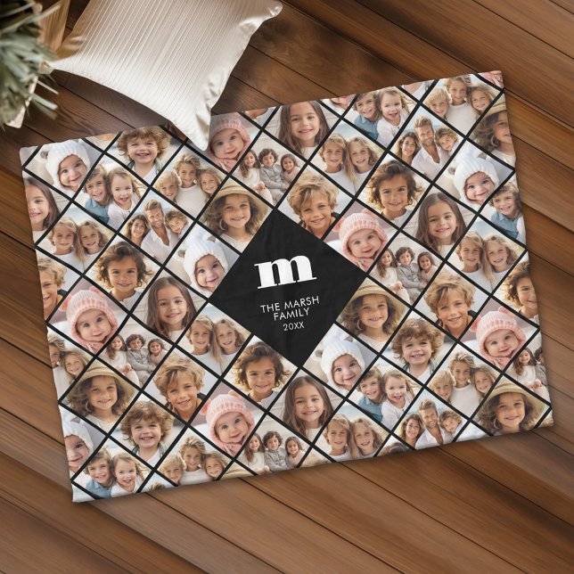 Custom Collage 12 Photo - funky family monogram Fleece Blanket (Personalized fleece blanket with 12 photos and custom text)