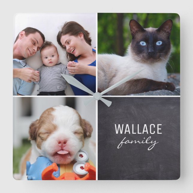 Custom Collage 4 Photos, Personalized, chalked Square Wall Clock (Front)