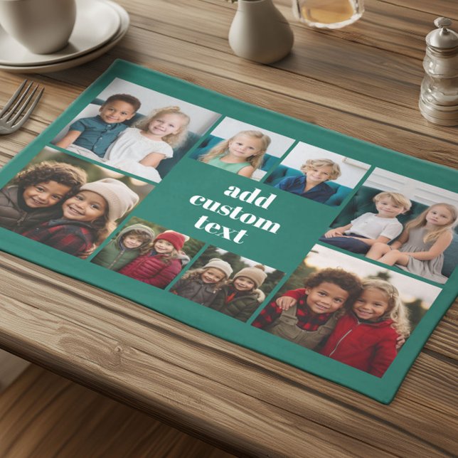 Custom Collage 8 Photo - green with white text Cloth Placemat (Custom Cloth Place met with Photo Collage)
