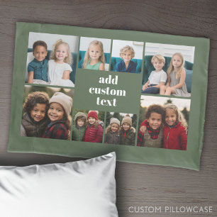 Custom Collage 8 Photo - green with white text Pillow Case