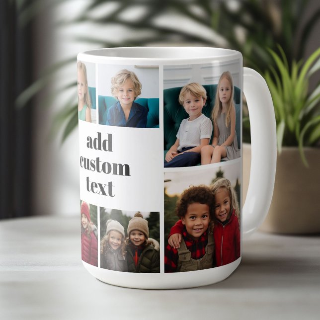 Custom Collage 8 Photo - white with black text Coffee Mug (Custom Photo Mug)