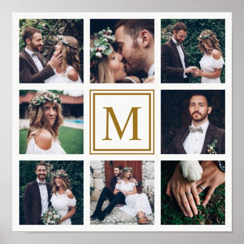 Custom Collage 8 Wedding Photo Gold Monogram Poster