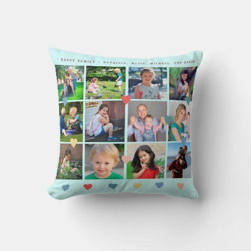 Custom collage family colorful hearts and script throw pillow