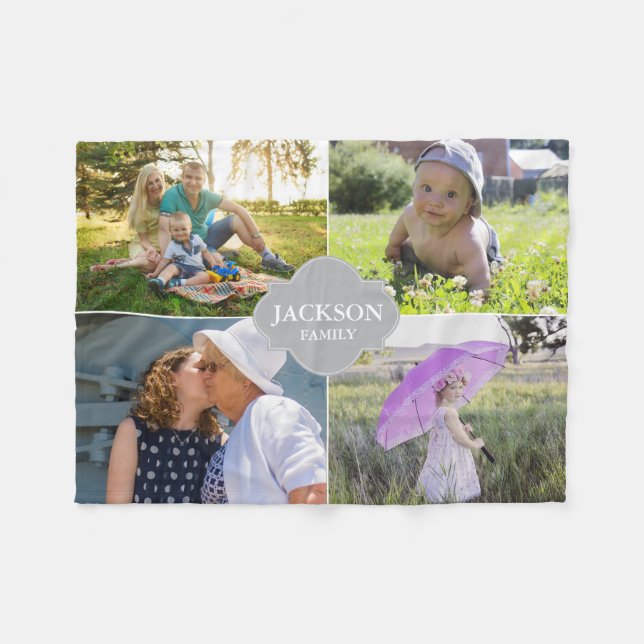 Custom Collage photos with family name, 4 pictures Fleece Blanket (Front (Horizontal))