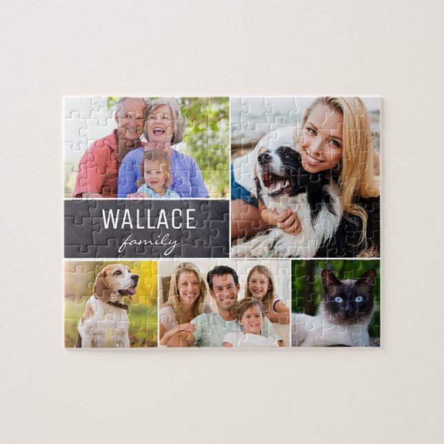 Custom Collage photos with family name Chalkboard Jigsaw Puzzle (Horizontal)