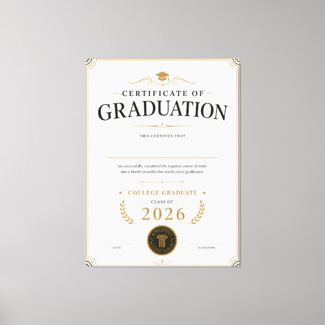 Custom College Graduation Certificate 2026 Canvas Print (Front)