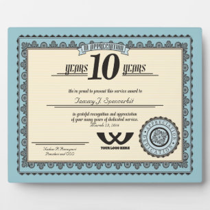 Custom color 10 year employment service award plaque