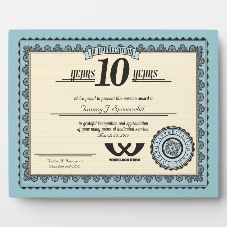 Custom color 10 year employment service award plaque | Zazzle
