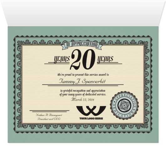 Custom color 20 year employment service award (Inside Horizontal (Bottom))