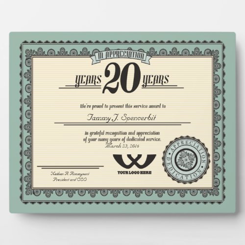 Custom color 20 year employment service award