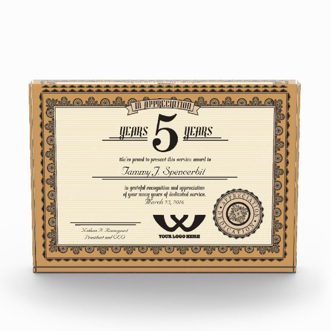 Custom color 5 year employment service award (Front)