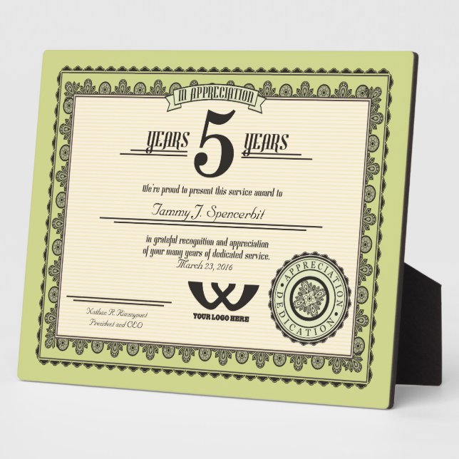 Custom color 5 year employment service award plaque (Side)